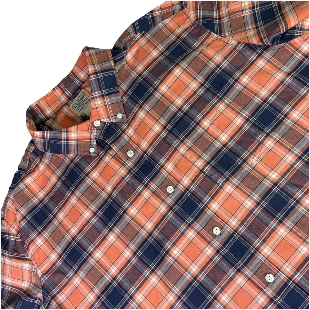 L.L. Bean Cotton Shirt Mens XXL Plaid Camp Slightly Fitted Pocket Salmon Blue